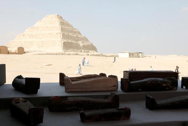 Sarcophaguses that are around 2500 years old, from the newly discovered burial site near Egypt's Saqqara necropolis, are seen during a presentation in Giza, Egypt November 14, 2020. (REUTERS)
