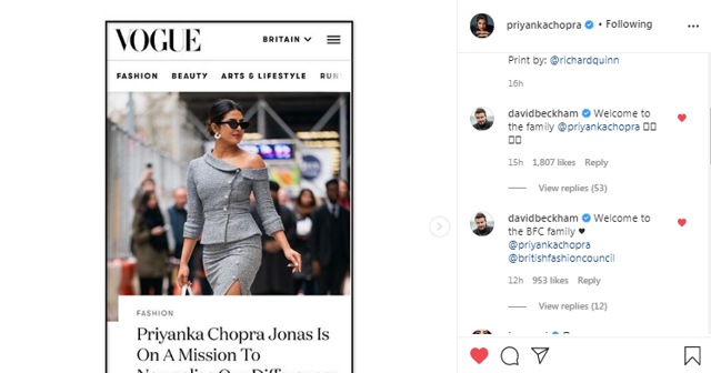 David Beckham’s comment on Priyanka Chopra’s Instagram post (Instagram/priyankachopra)