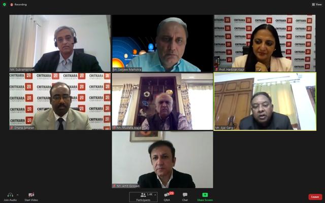 An expert panel discussing the potentialities of Atmanirbhar Bharat at Chitkara University’s leadership on Saturday. (HT Photo ) An expert panel discussing the potentialities of Atmanirbhar Bharat at Chitkara University’s leadership on Saturday. (HT Photo )