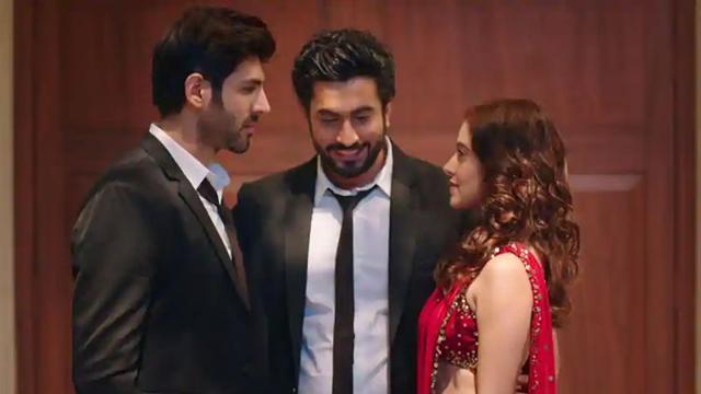 Kartik Aaryan, Sunny Singh and Nushrratt Bharuccha in a still from Sonu Ke Titu Ki Sweety. Kartik Aaryan, Sunny Singh and Nushrratt Bharuccha in a still from Sonu Ke Titu Ki Sweety.