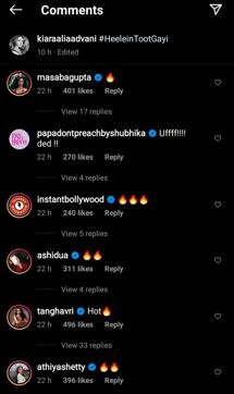 Masaba Gupta and Athiya Shetty’s comments on Kiara Advani’s Instagram picture (Instagram/kiaraaliaadvani) Masaba Gupta and Athiya Shetty’s comments on Kiara Advani’s Instagram picture (Instagram/kiaraaliaadvani)