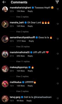 Samantha Akkineni and Manish Malhotra’s comments on Kiara Advani’s Instagram picture (Instagram/kiaraaliaadvani) Samantha Akkineni and Manish Malhotra’s comments on Kiara Advani’s Instagram picture (Instagram/kiaraaliaadvani)
