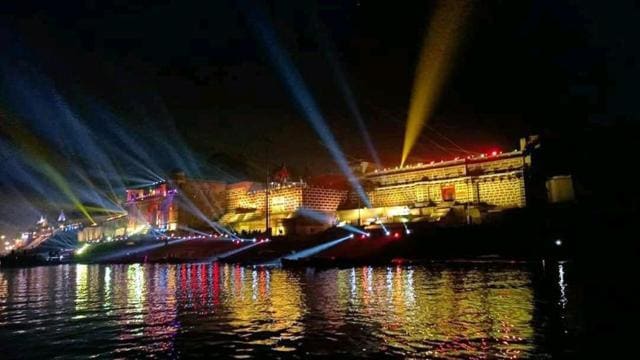 An illuminated view of Ghats of river Ganga ahead of Prime Minister Narendra Modis visit in Varanasi on Sunday. (ANI Photo) An illuminated view of Ghats of river Ganga ahead of Prime Minister Narendra Modis visit in Varanasi on Sunday. (ANI Photo)