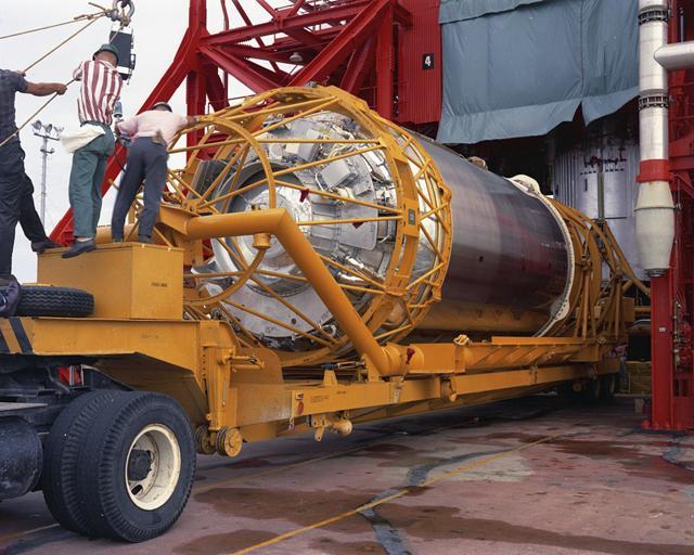 In this 1965 photo technicians work on an Atlas Centaur 7 rocket at Cape Canaveral. (AP) In this 1965 photo technicians work on an Atlas Centaur 7 rocket at Cape Canaveral. (AP)