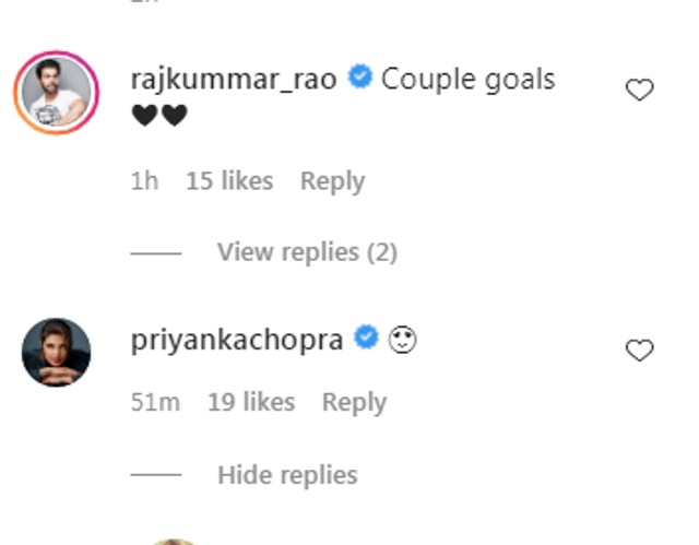 The image shows the comments by Priyanka Chopra and Rajkummar Rao on Smriti Irani’s post. (Instagram/@smritiiraniofficial)