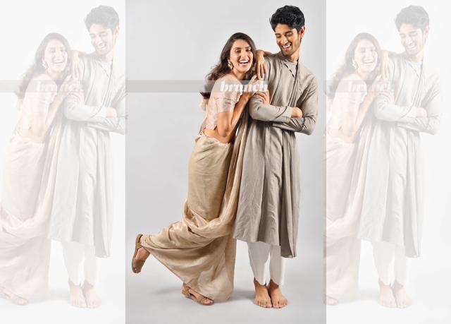 Keep accessories minimal and avoid embellishments; On Archita: Blouse and sari, Anavila; sandals, Bata; earrings and ring, Aaree Accessories; On Anil: Kurta and pyjama, Antar Agni (Hari Nair) Keep accessories minimal and avoid embellishments; On Archita: Blouse and sari, Anavila; sandals, Bata; earrings and ring, Aaree Accessories; On Anil: Kurta and pyjama, Antar Agni (Hari Nair)