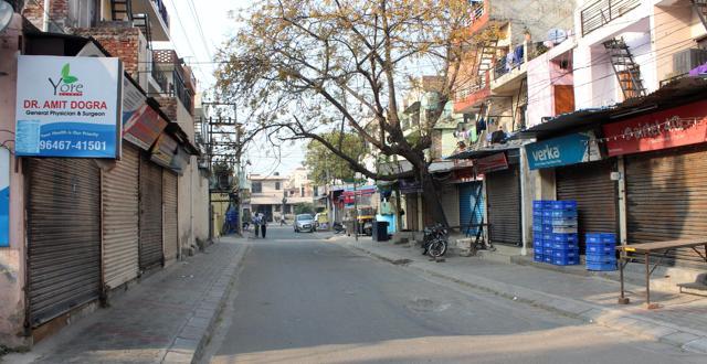 Shops closed at Phase 11, Mohali, in support of farmers. (Gurminder Singh/HT) Shops closed at Phase 11, Mohali, in support of farmers. (Gurminder Singh/HT)
