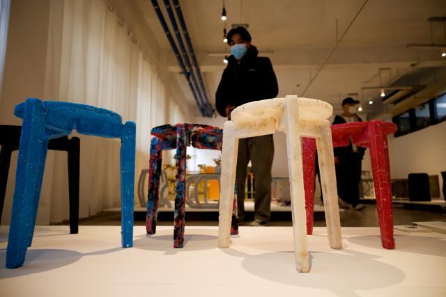 FILE PHOTO: Upcycled stools made from discarded protective masks by Kim Ha-neul who is majoring in furniture design, are displayed at a graduation exhibition in Uiwang, South Korea (REUTERS) FILE PHOTO: Upcycled stools made from discarded protective masks by Kim Ha-neul who is majoring in furniture design, are displayed at a graduation exhibition in Uiwang, South Korea (REUTERS)