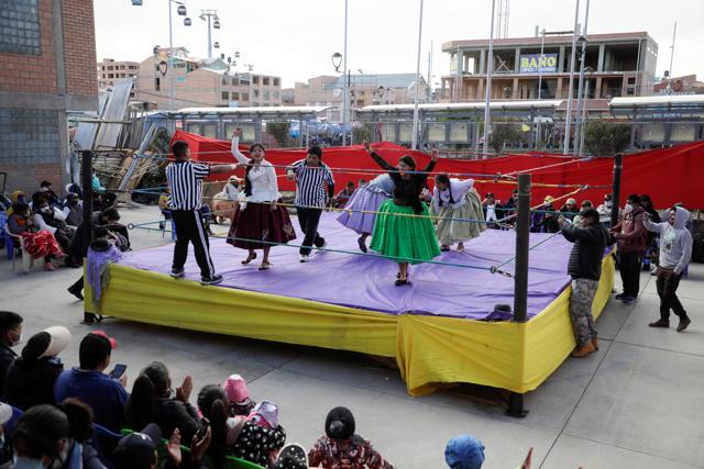 A view shows the cholitas wrestlers during their return to the ring after the coronavirus disease (COVID-19) restrictions, in El Alto outskirts of La Paz. (REUTERS)