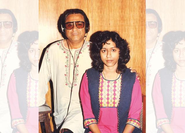 Kavita with playback singer Kishore Kumar, at Mehboob Studios for recording the Karma LP Kavita with playback singer Kishore Kumar, at Mehboob Studios for recording the Karma LP