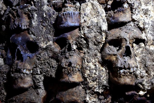 A photo shows parts of an Aztec tower of human skulls, believed to form part of the Huey Tzompantli, a massive array of skulls that struck fear into the Spanish conquistadores when they captured the city under Hernan Cortes, at the Templo Mayor archaeology site, in Mexico City, Mexico. (via REUTERS) A photo shows parts of an Aztec tower of human skulls, believed to form part of the Huey Tzompantli, a massive array of skulls that struck fear into the Spanish conquistadores when they captured the city under Hernan Cortes, at the Templo Mayor archaeology site, in Mexico City, Mexico. (via REUTERS)