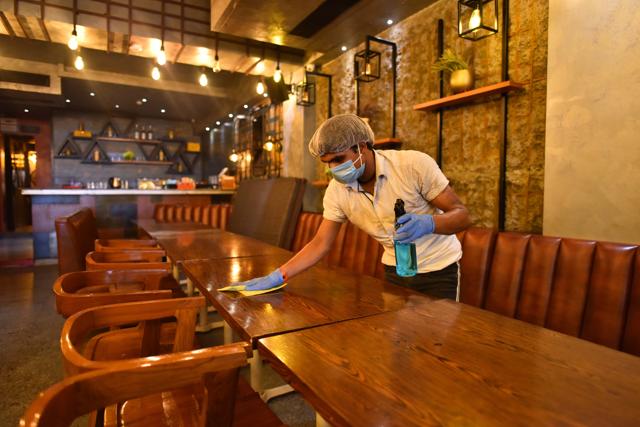 Restaurants are sanitised periodically (Photo: Sanchit Khanna/HT ) Restaurants are sanitised periodically (Photo: Sanchit Khanna/HT )