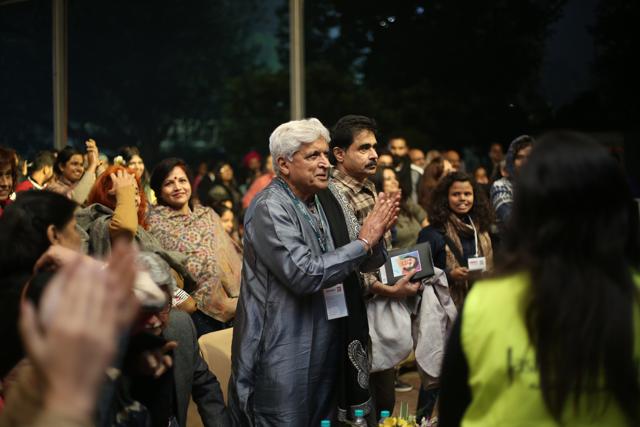 Lyricist-poet Javed Akhtar applauding a performance. Lyricist-poet Javed Akhtar applauding a performance.