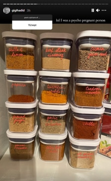 Gigi Hadid’s spice cabinet (Instagram story/gigihadid)