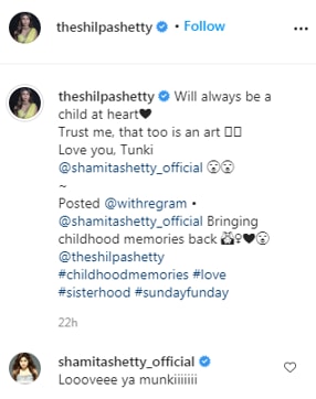 Shamita Shetty’s comment on Shilpa Shetty’s post (Instagram/theshilpashetty)