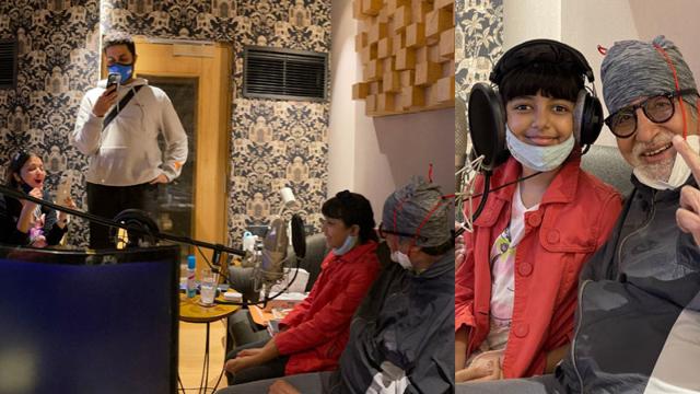 Abhishek Bachchan, Amitabh Bachchan and Aaradhya in a recording room. Abhishek Bachchan, Amitabh Bachchan and Aaradhya in a recording room.
