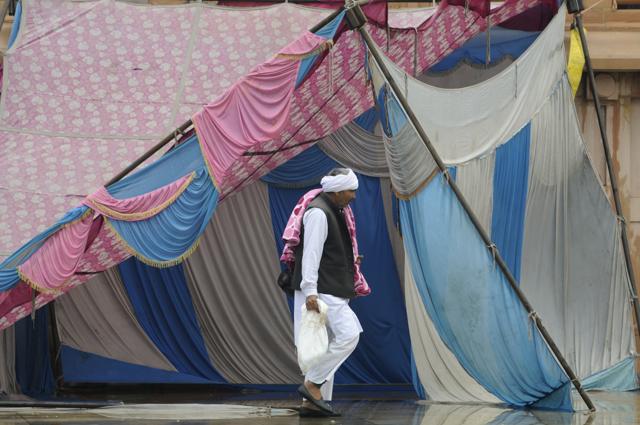 A tent collapsed due to rain at Rashtriya Prerna Sthal & Green Garden protest site in Noida. A tent collapsed due to rain at Rashtriya Prerna Sthal & Green Garden protest site in Noida.