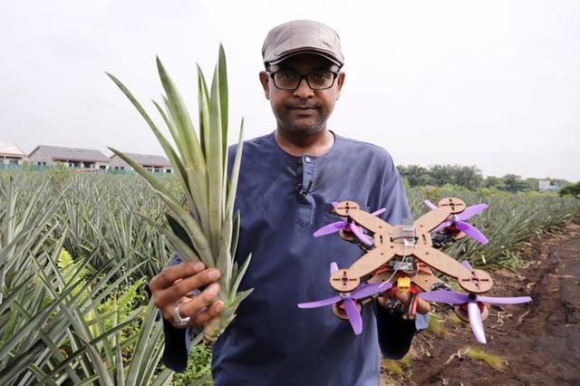 University Putra Malaysia professor Mohamed Thariq holds pineapple leaves and a drone partially. (REUTERS) University Putra Malaysia professor Mohamed Thariq holds pineapple leaves and a drone partially. (REUTERS)