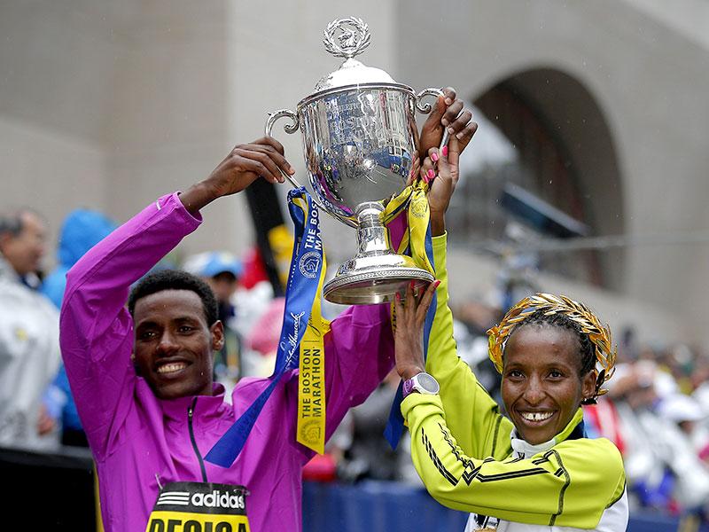 119th Boston Marathon Ethiopia's Lelisa Desisa, Kenyan Caroline Rotich
