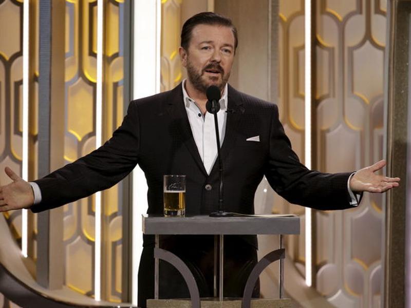 Ricky Gervais barks and bites with his return as Globes host