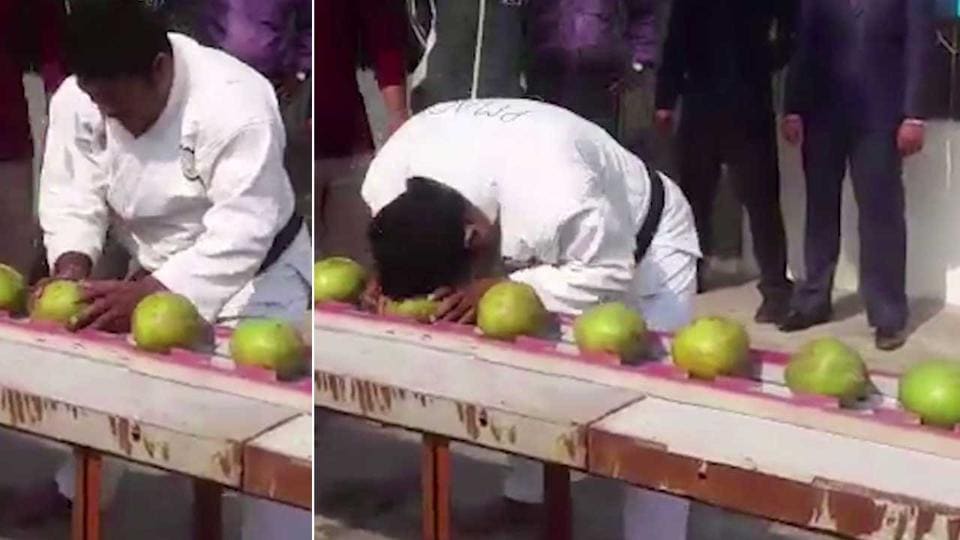 Watch Man breaks 43 coconuts with his head Hindustan Times