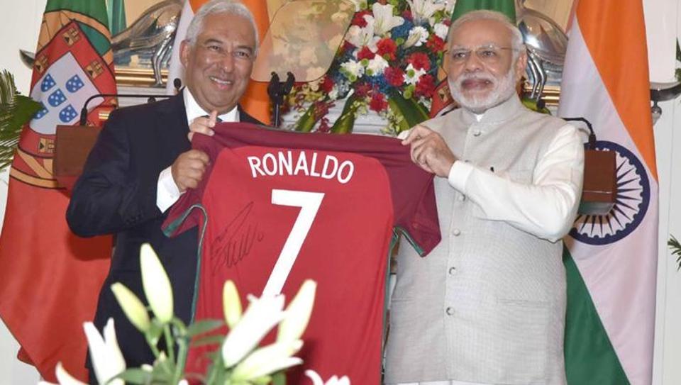 PM Narendra Modi Gifted Signed Cristiano Ronaldo Jersey By Portugese Premier