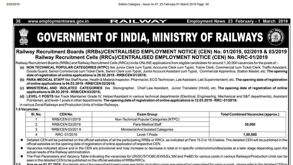 rrb-ntpc-level-1-posts-recruitment-2019-notification-out-for-1-30-000