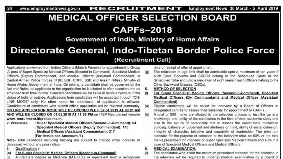 Itbp Recruitment 2019 Apply Online For 496 Medical Officer Posts From April 2 Hindustan Times