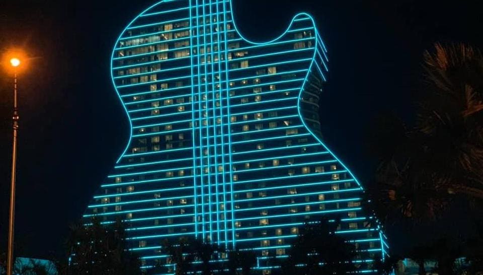 Hard Rock opens neon, guitar-shaped hotel in Florida