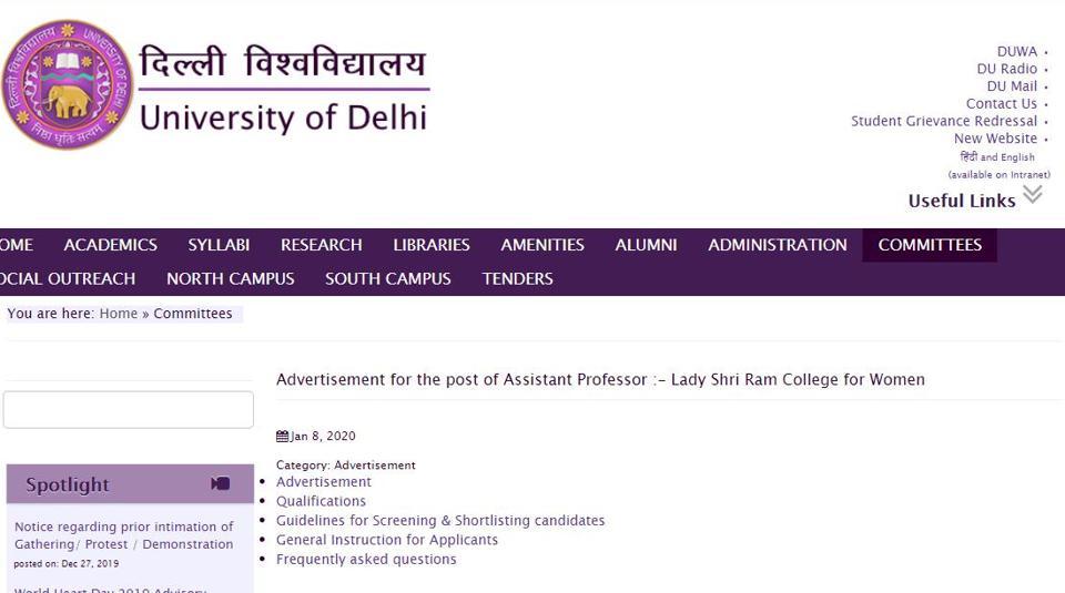 DU recruitment 2020: LSR to fill 78 Assistant Professor vacancies ...