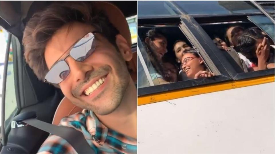 Kartik Aaryan shares video of kids in school bus singing Dheeme Dheeme next to his car. Watch