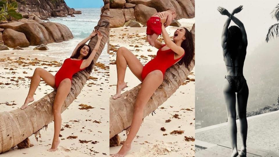 Amy Jackson celebrates 28th birthday with rain dance in bikini