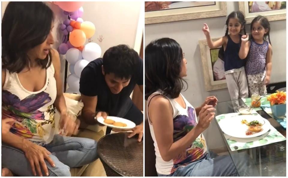 Karanvir Bohra tries to steal wife Teejay Sidhu’s food, their twins Bella and Vienna rat him out. Watch video