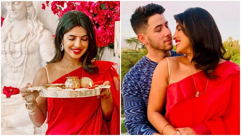 Priyanka Chopra is a vision in red as she celebrates Karwa Chauth,  proclaims love for Nick Jonas. See pics | Bollywood - Hindustan Times