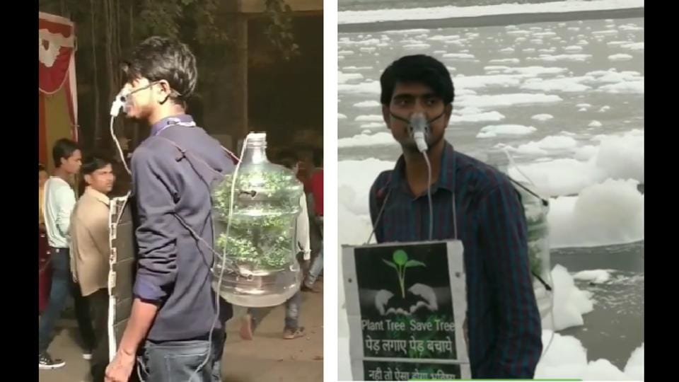 Why This Man Is Roaming Around Delhi With A Mask Attached To A Can Filled With A Plant Trending Hindustan Times