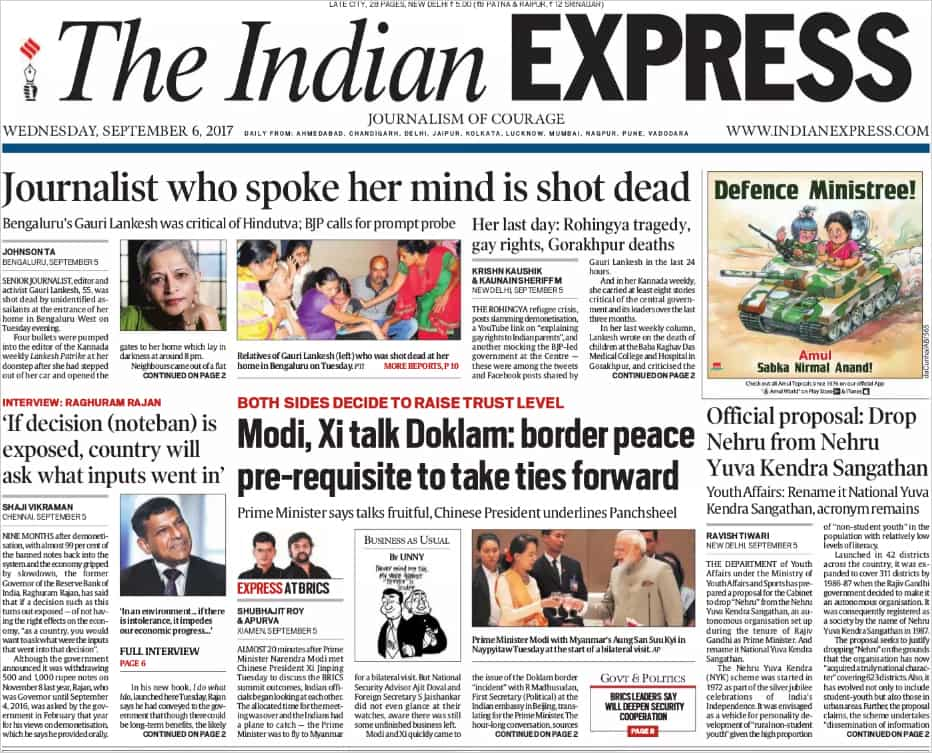 Journalist Gauri Lankesh shot dead in Bengaluru: Here is how newspapers ...