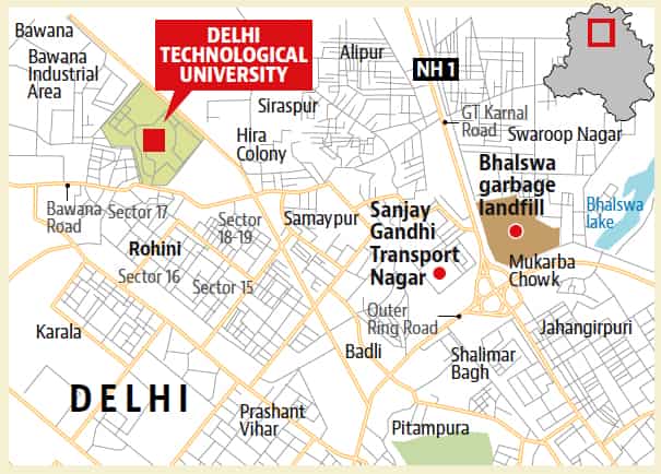 WHAT IS POLLUTING THE AREA NEAR DTU?
Bhalswa landfill
◼ The 50-acre landfill, which completed its life-span in 2008-09, has 15 million tonnes of garbage. The methane produced from the garbage is almost always on fire, filling the basti at the foothills with smoke and adding to the area’s pollution
Traffic
◼ Along with the traffic on Ring Road, the area has heavy traffic movement due to nearby Sanjay Nagar Transport Nagar where nearly 300 trucks move in-and-out every day
Road dust
◼ The heavy vehicles at Sanjay Gandhi Transport Nagar also blow a lot of dust as the majority of roads in the area are unpaved and broken
Small manufacturing units nearby
◼ There are many ‘godowns’ and manufacturing units for rubber parts for vehicles and gas stoves, plastic items, denims and metal moulding, which are being illegally run from homes without any effluent treatment devices or checks on releasing pollutants in the air WHAT IS POLLUTING THE AREA NEAR DTU?
Bhalswa landfill
◼ The 50-acre landfill, which completed its life-span in 2008-09, has 15 million tonnes of garbage. The methane produced from the garbage is almost always on fire, filling the basti at the foothills with smoke and adding to the area’s pollution
Traffic
◼ Along with the traffic on Ring Road, the area has heavy traffic movement due to nearby Sanjay Nagar Transport Nagar where nearly 300 trucks move in-and-out every day
Road dust
◼ The heavy vehicles at Sanjay Gandhi Transport Nagar also blow a lot of dust as the majority of roads in the area are unpaved and broken
Small manufacturing units nearby
◼ There are many ‘godowns’ and manufacturing units for rubber parts for vehicles and gas stoves, plastic items, denims and metal moulding, which are being illegally run from homes without any effluent treatment devices or checks on releasing pollutants in the air