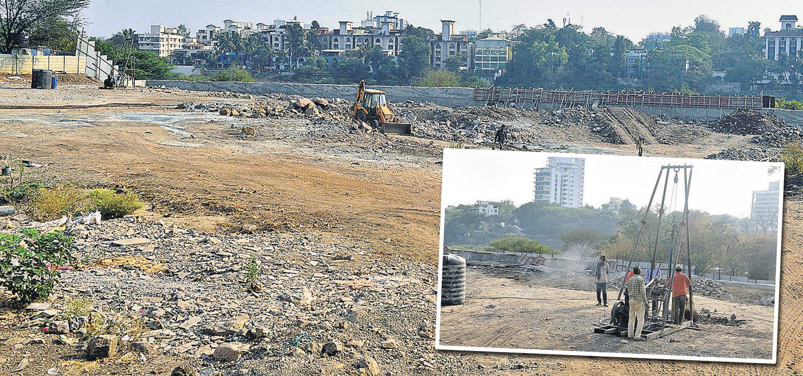 ◼ Land owned by the Panchshil Group, which is currently under construction, can be seen as an expanse of clear area. Workers are actively present in the area, which was a part of the Dr Salim Ali bird sanctuary. (PRATHAM GOKHALE/HT) ◼ Land owned by the Panchshil Group, which is currently under construction, can be seen as an expanse of clear area. Workers are actively present in the area, which was a part of the Dr Salim Ali bird sanctuary. (PRATHAM GOKHALE/HT)