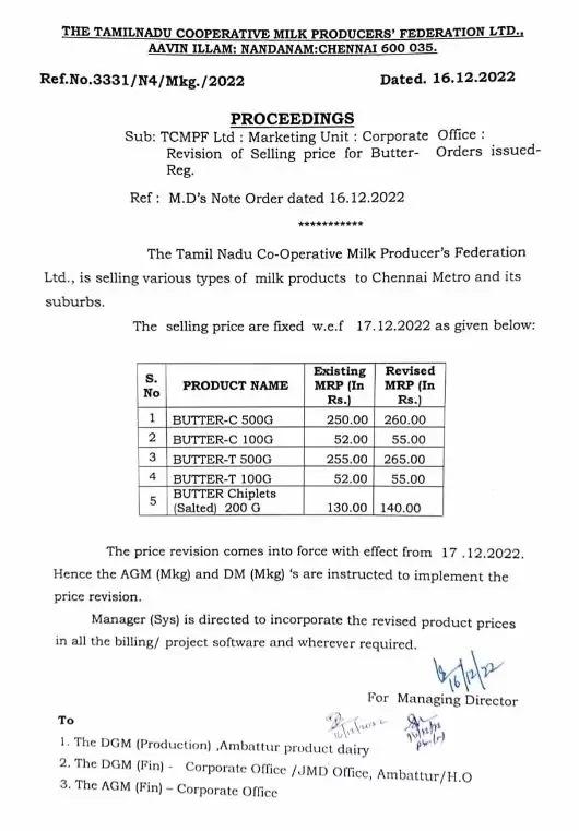 வெண்ணெய் விலையும் உயர்வு