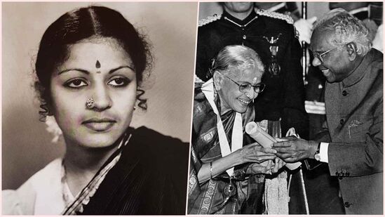 முன்னாள் குடியரசு தலைவர் கேஆர் நாரயணனிடமிருந்து பாரத ரத்னா விருதை வாங்கும் பாடகி எம்.எஸ்.சுப்புலட்சுமி முன்னாள் குடியரசு தலைவர் கேஆர் நாரயணனிடமிருந்து பாரத ரத்னா விருதை வாங்கும் பாடகி எம்.எஸ்.சுப்புலட்சுமி