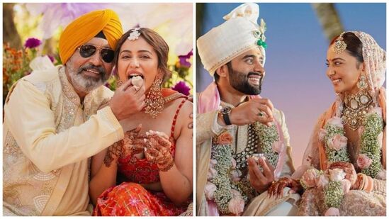 Rakul Preet Singh with her father and Jackky Bhagnani at her wedding festivities in February 2024. 