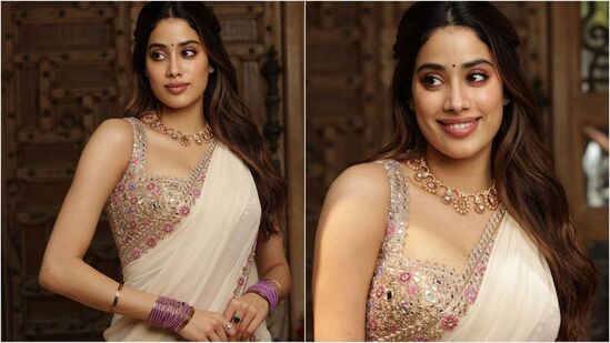 பிரபல இந்திய டிசைனர் அர்பிதா மேத்தா வடிவமைத்த லெஹங்காவை ஜான்வி கபூர் அணிந்திருந்தார். மெல்லிய பட்டைகள் கொண்ட நெக்லைன் ஸ்லீவ்லெஸ் ரவிக்கையையும் அணிந்திருந்தார். அவற்றில் கண்ணாடிகள் பதிக்கப்பட்டுள்ளன. மேலும் ஃப்ளோரல் எம்பிராய்டரி மற்றும் ஜரி வேலைப்பாடுகளால் அழகாக அலங்கரிக்கப்பட்டுள்ளது.