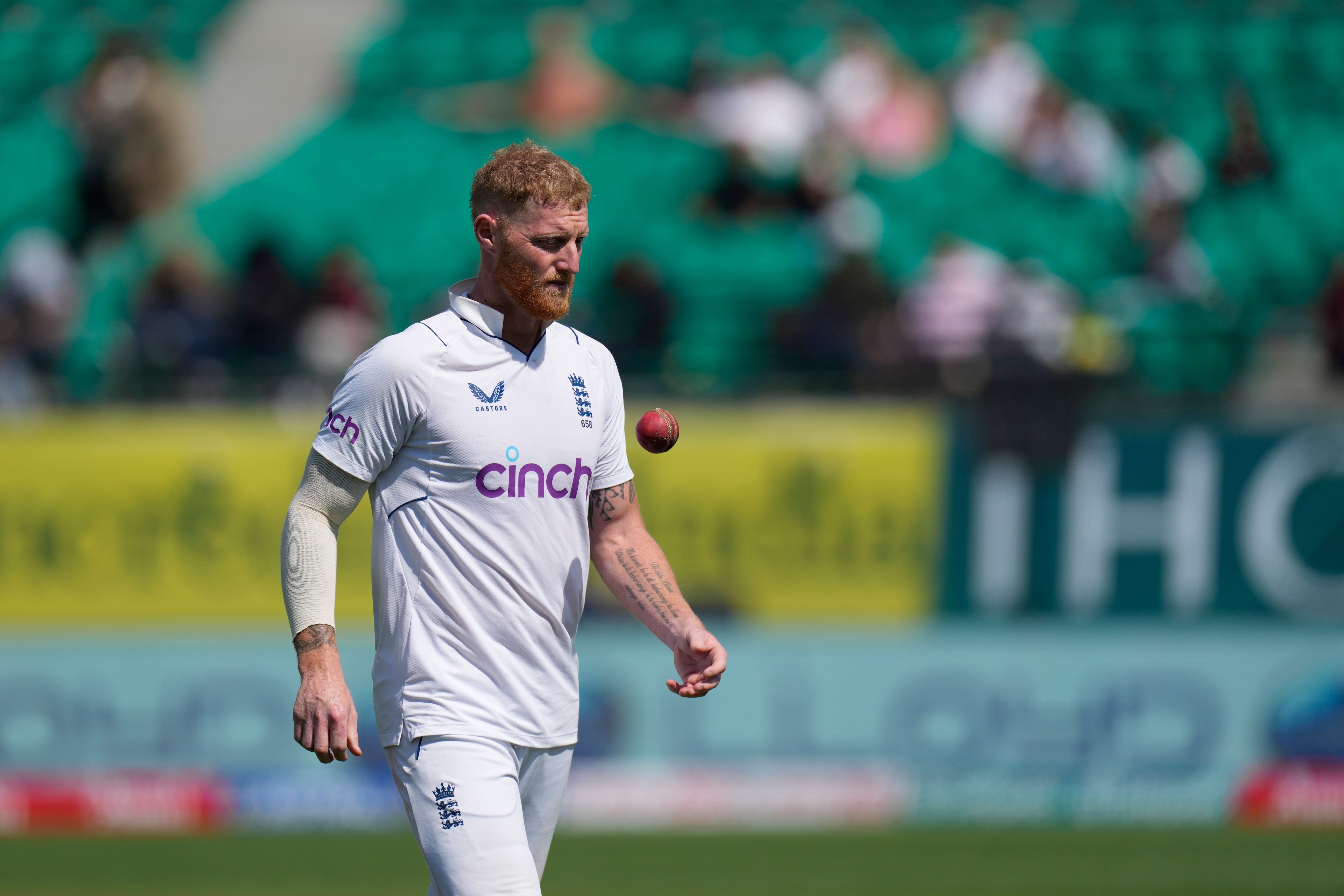 England's captain Ben Stokes prepares to bowl on the second day of the fifth and final test match between England and India in Dharamshala, India, Friday, March 8, 2024. (AP Photo/Ashwini Bhatia)