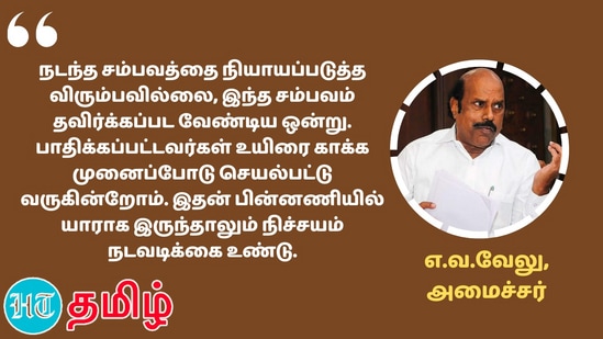 நடந்த சம்பவத்தை நியாயப்படுத்த விரும்பவில்லை, இந்த சம்பவம் தவிர்க்கப்பட வேண்டிய ஒன்று. பாதிக்கப்பட்டவர்கள் உயிரை காக்க முனைப்போடு செயல்பட்டு வருகின்றோம். இதன் பின்னணியில் யாராக இருந்தாலும் நிச்சயம் நடவடிக்கை உண்டு- அமைச்சர் எ.வ.வேலு