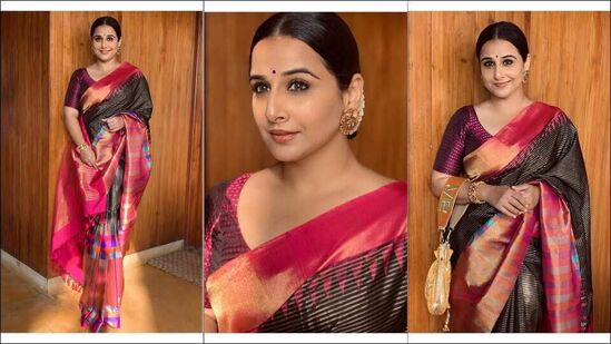 Bookmark Vidya Balan’s dazzling ethnic look in stunning Kanjivaram black silk saree for next wedding.