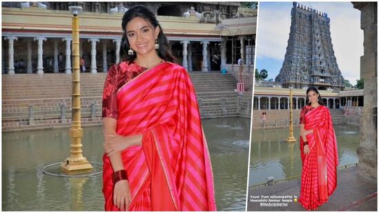 சிவப்பு நிறத்தில் பாரம்பரிய சேலை அணிந்து மதுரை மீனாட்சி அம்மன் கோயிலுக்கு சென்ற கீர்த்தி அங்கு சாமி தரிசனம் செய்துள்ளார். அங்குள்ள தெப்ப குளம் அருகே போட்டோவுக்கு போஸ் கொடுத்துள்ளார்