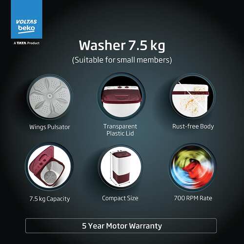 Voltas Beko 7.5 kg Semi Automatic Top Load Washing Machine WST75UC BRSSWH2PTD