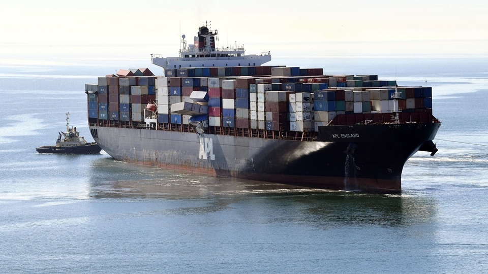 Fallen shipping containers are seen on the Singapore-flagged container ship APL England as it docks at the Port of Brisbane, after losing containers in heavy seas off the New South Wales coast, in Brisbane, Queensland, Australia, May 27, 2020.  AAP Image/Dan Peled via REUTERS  ATTENTION EDITORS - THIS IMAGE WAS PROVIDED BY A THIRD PARTY. NO RESALES. NO ARCHIVE. AUSTRALIA OUT. NEW ZEALAND OUT.