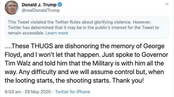 A screenshot of the tweet by US President Donald Trump posted on May 29, 2020. 