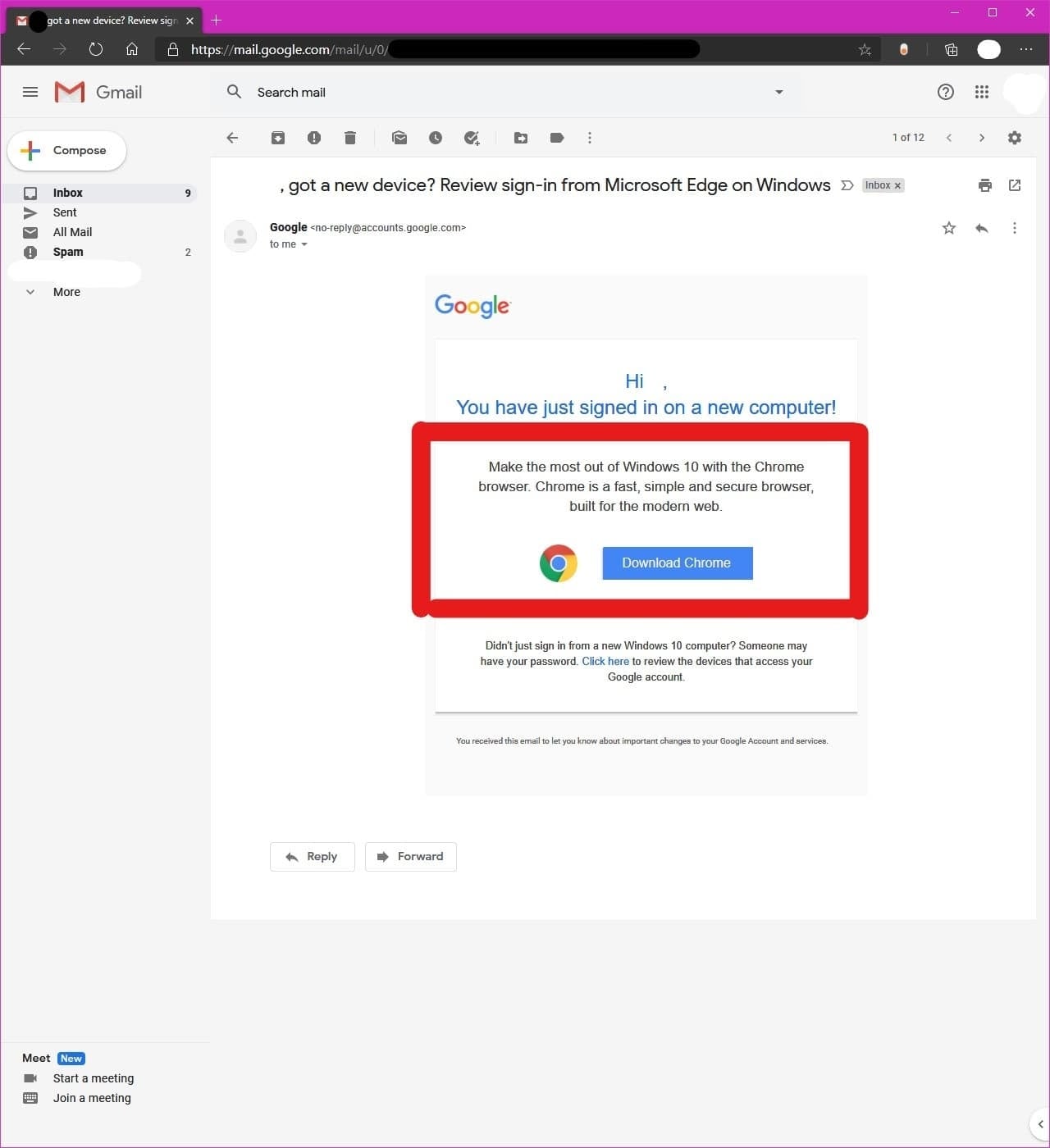Gmail alert for downloading Chrome.